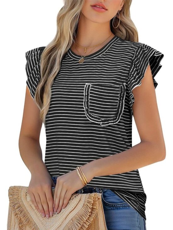 Tops - Women's T-Shirts Black Ruffle Short Sleeve Crew Neck Casual Blouses with Pocket